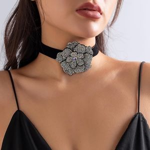 Black Velvet Choker Big Rhinestone Flower Glam Necklace Crystal Rose